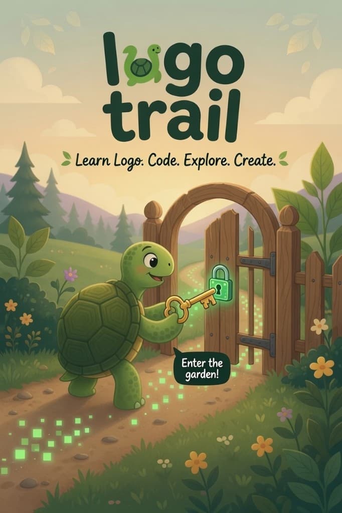 A friendly turtle unlocking a garden gate along a glowing Logo Trail path